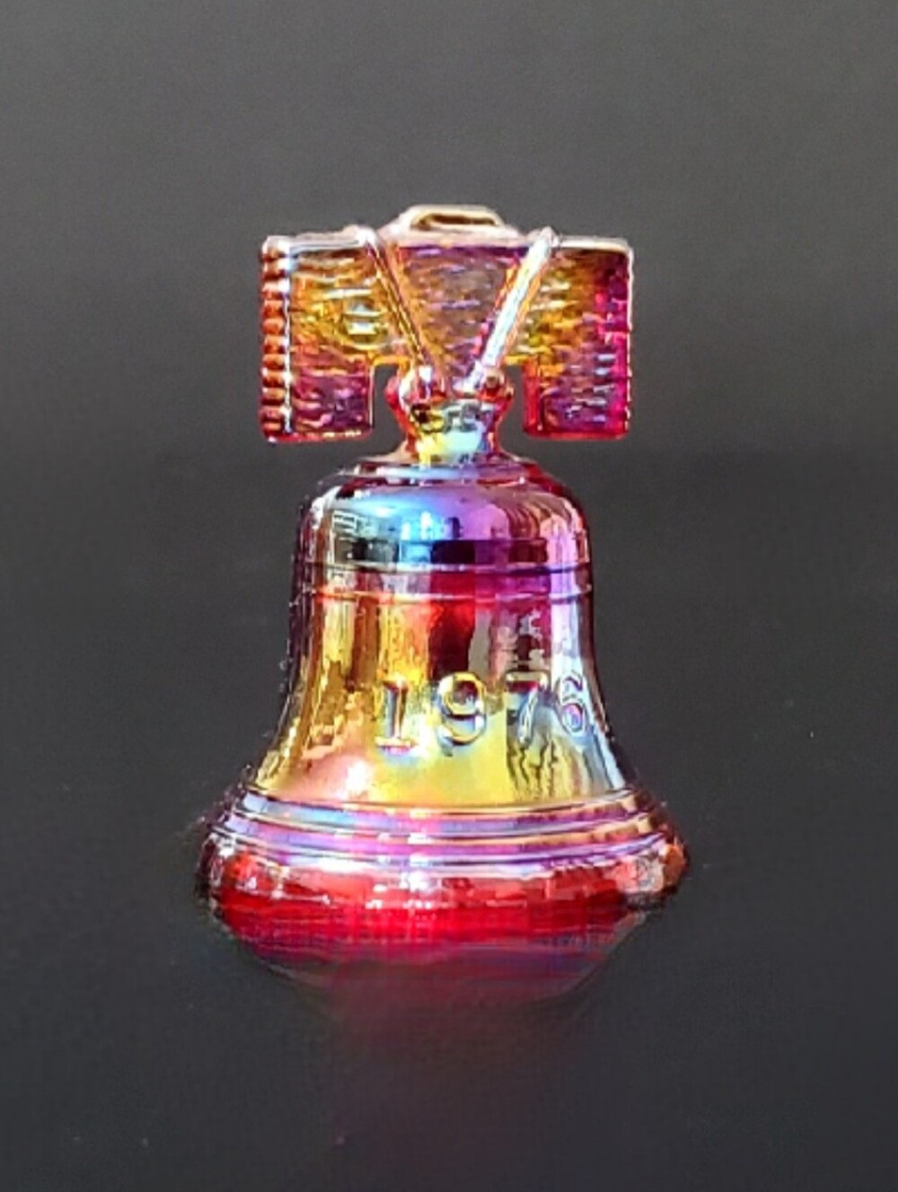 Joe St Clair 3" Glowing Cadmium Ruby Bicentennial Carnival Glass Bell Figurine